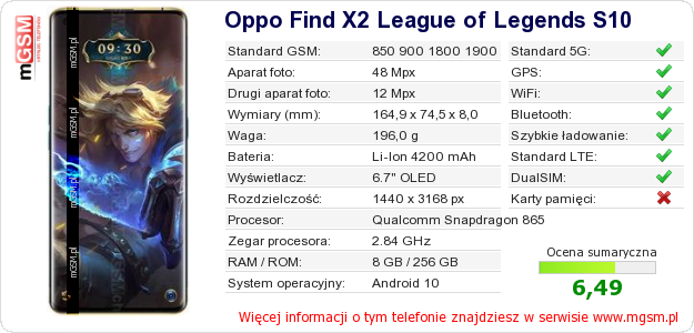 Dane telefonu Oppo Find X2 League of Legends S10 Dane telefonu Oppo Find X2 League of Legends S10