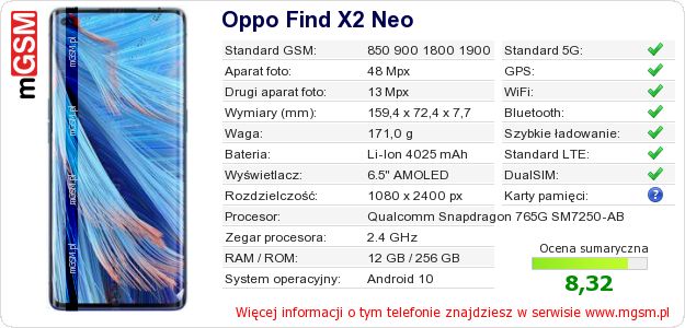 Dane telefonu Oppo Find X2 Neo Dane telefonu Oppo Find X2 Neo
