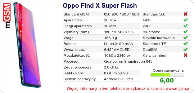 Dane telefonu Oppo Find X Super Flash Dane telefonu Oppo Find X Super Flash