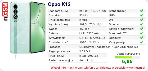 Dane telefonu Oppo K12