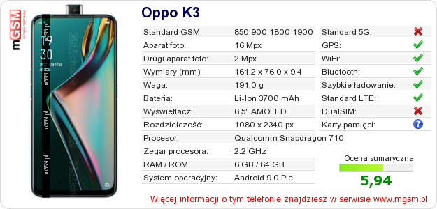 Dane telefonu Oppo K3