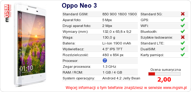 Dane telefonu Oppo Neo 3