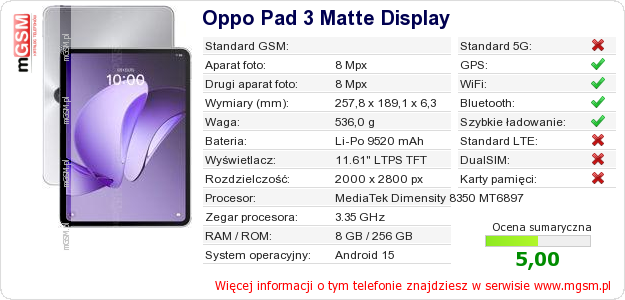 Dane telefonu Oppo Pad 3 Matte Display