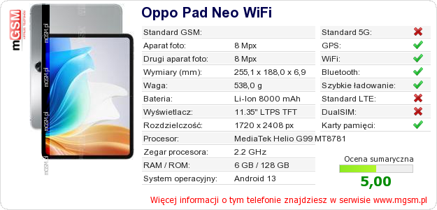 Dane telefonu Oppo Pad Neo WiFi Dane telefonu Oppo Pad Neo WiFi