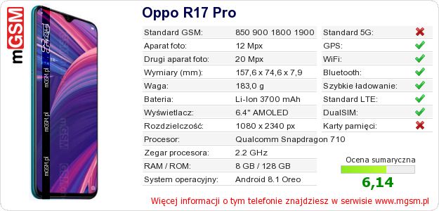 Dane telefonu Oppo R17 Pro Dane telefonu Oppo R17 Pro