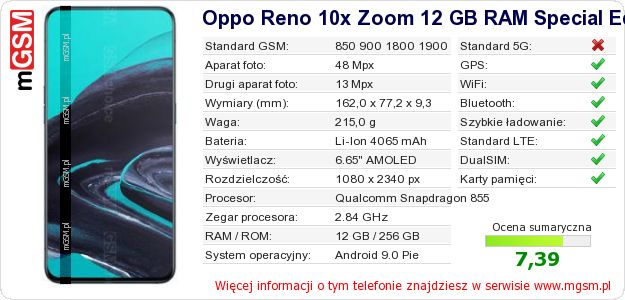 Dane telefonu Oppo Reno 10x Zoom 12 GB RAM Special Edition Dane telefonu Oppo Reno 10x Zoom 12 GB RAM Special Edition