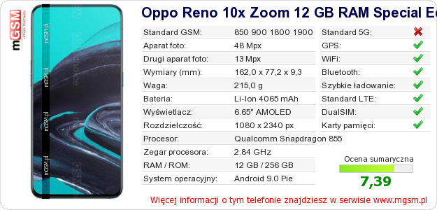 Dane telefonu Oppo Reno 10x Zoom 12 GB RAM Special Edition