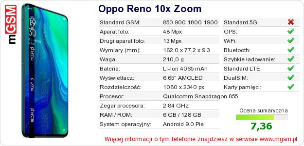 Dane telefonu Oppo Reno 10x Zoom Dane telefonu Oppo Reno 10x Zoom