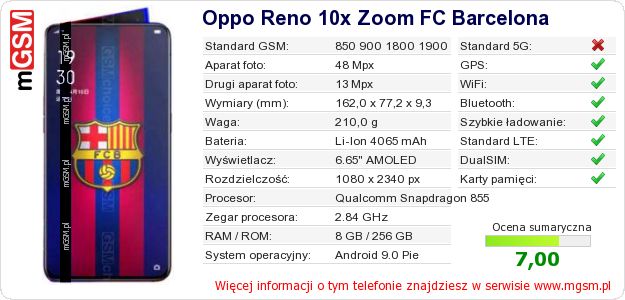Dane telefonu Oppo Reno 10x Zoom FC Barcelona