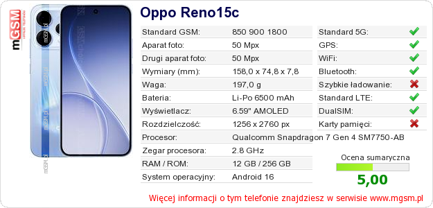 Dane telefonu Oppo Reno15c Dane telefonu Oppo Reno15c