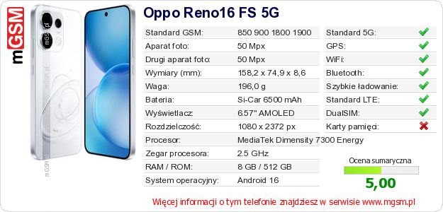 Dane telefonu Oppo Reno16 FS 5G