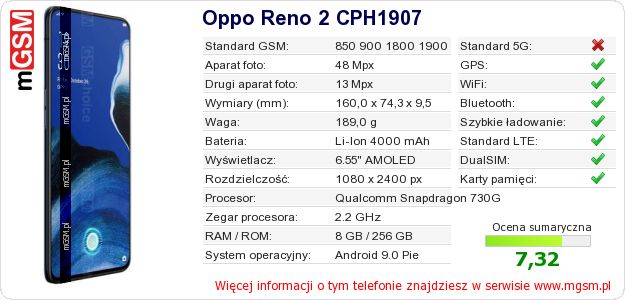 Dane telefonu Oppo Reno 2 CPH1907 Dane telefonu Oppo Reno 2 CPH1907