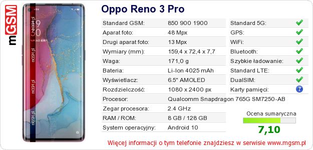 Dane telefonu Oppo Reno 3 Pro