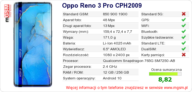 Dane telefonu Oppo Reno 3 Pro CPH2009 Dane telefonu Oppo Reno 3 Pro CPH2009