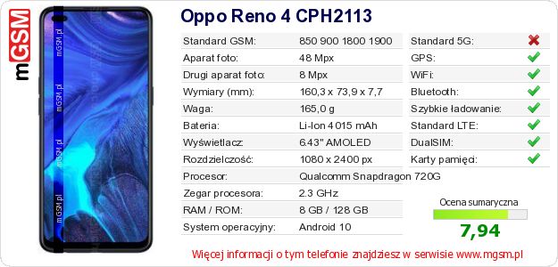 Dane telefonu Oppo Reno 4 CPH2113 Dane telefonu Oppo Reno 4 CPH2113