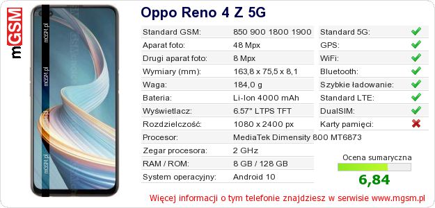 Dane telefonu Oppo Reno 4 Z 5G
