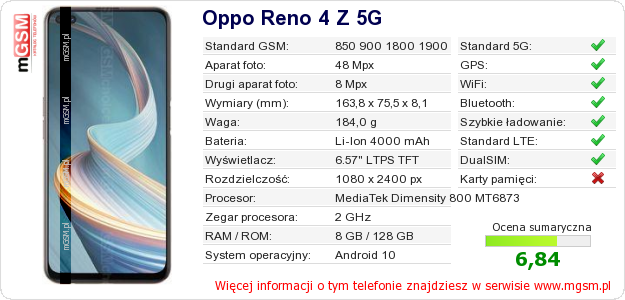 Dane telefonu Oppo Reno 4 Z 5G