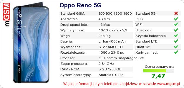 Dane telefonu Oppo Reno 5G Dane telefonu Oppo Reno 5G