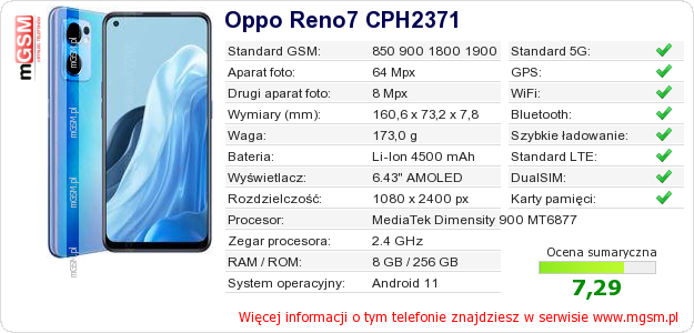 Dane telefonu Oppo Reno7 CPH2371