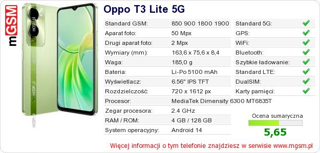 Dane telefonu Oppo T3 Lite 5G Dane telefonu Oppo T3 Lite 5G