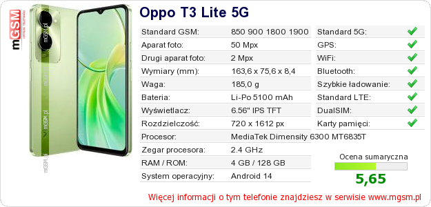 Dane telefonu Oppo T3 Lite 5G Dane telefonu Oppo T3 Lite 5G