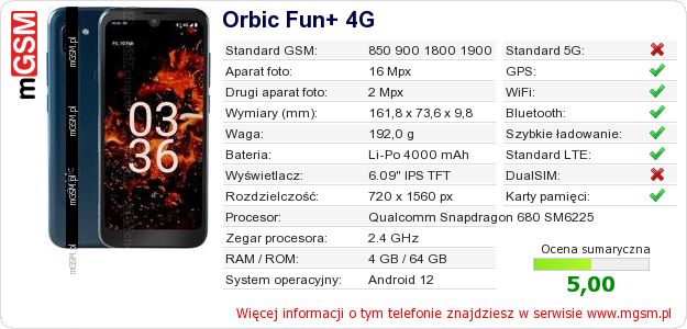 Dane telefonu Orbic Fun+ 4G