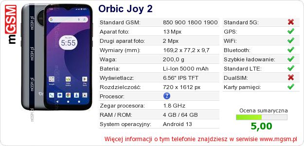Dane telefonu Orbic Joy 2