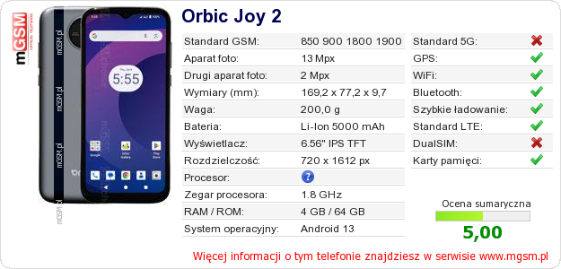 Dane telefonu Orbic Joy 2 Dane telefonu Orbic Joy 2