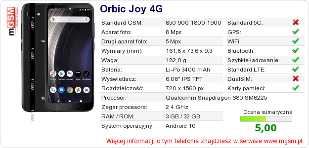 Dane telefonu Orbic Joy 4G