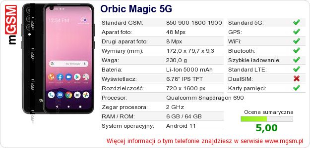 Dane telefonu Orbic Magic 5G