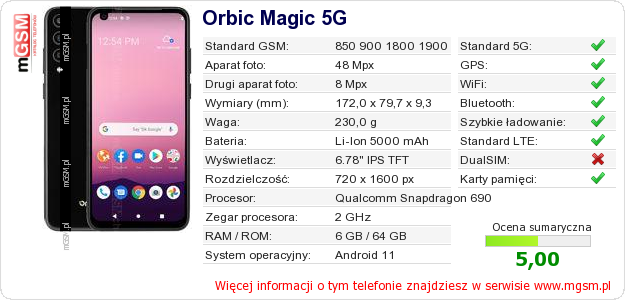 Dane telefonu Orbic Magic 5G