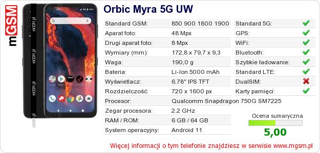 Dane telefonu Orbic Myra 5G UW