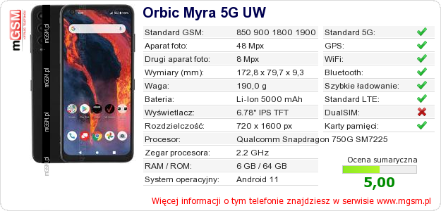 Dane telefonu Orbic Myra 5G UW