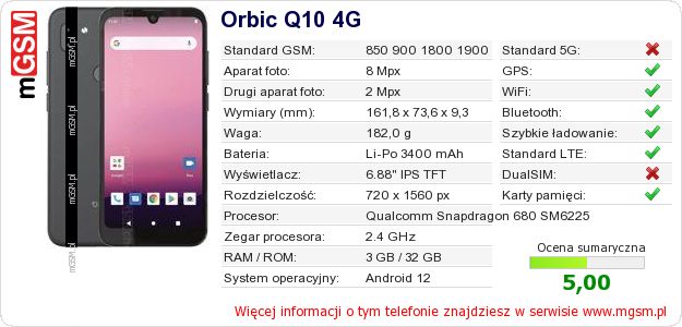Dane telefonu Orbic Q10 4G Dane telefonu Orbic Q10 4G