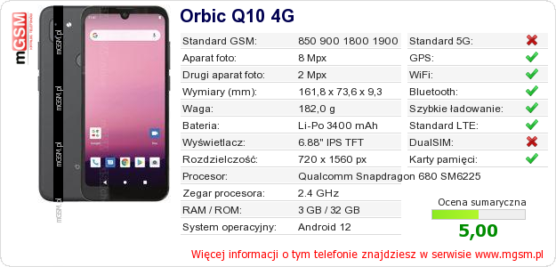 Dane telefonu Orbic Q10 4G