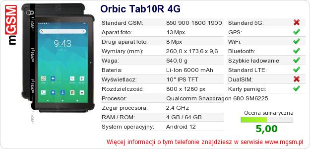 Dane telefonu Orbic Tab10R 4G Dane telefonu Orbic Tab10R 4G