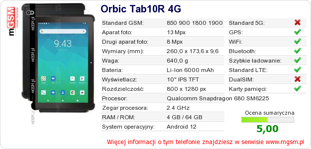 Dane telefonu Orbic Tab10R 4G Dane telefonu Orbic Tab10R 4G