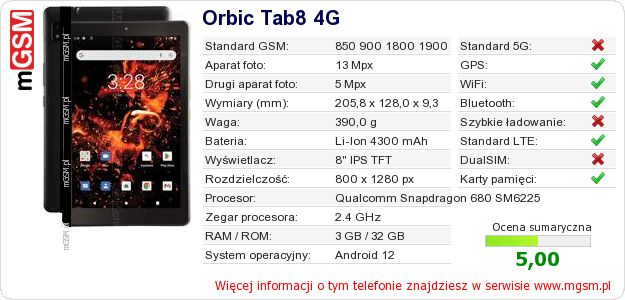 Dane telefonu Orbic Tab8 4G