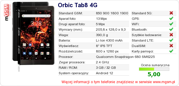 Dane telefonu Orbic Tab8 4G Dane telefonu Orbic Tab8 4G