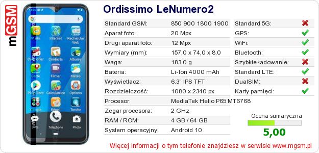 Dane telefonu Ordissimo LeNumero2