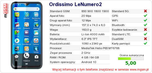 Dane telefonu Ordissimo LeNumero2 Dane telefonu Ordissimo LeNumero2