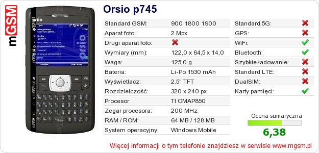 Dane telefonu Orsio p745