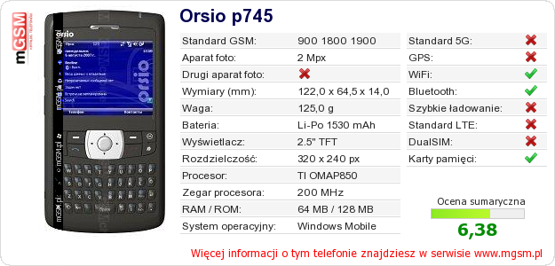 Dane telefonu Orsio p745