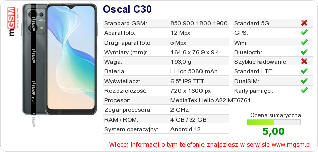 Dane telefonu Oscal C30