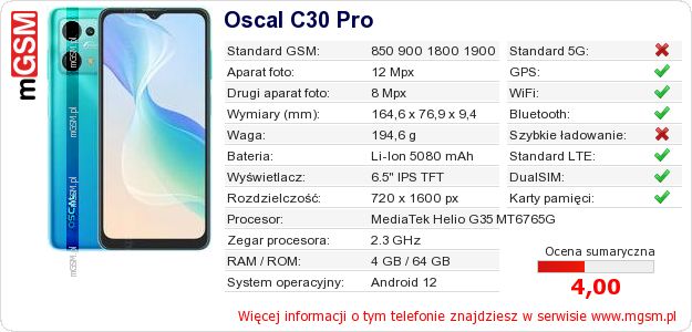 Dane telefonu Oscal C30 Pro
