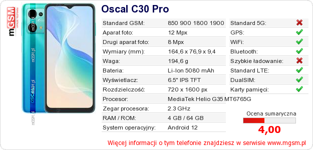Dane telefonu Oscal C30 Pro