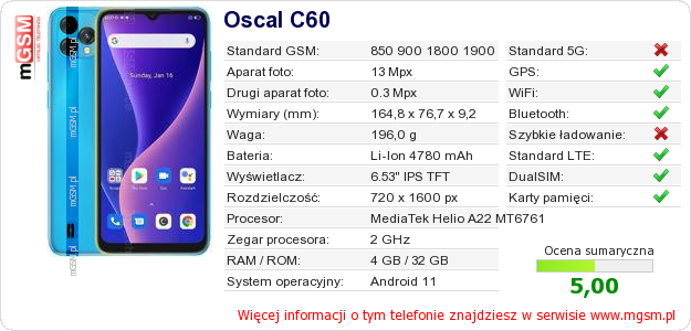 Dane telefonu Oscal C60