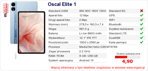 Dane telefonu Oscal Elite 1