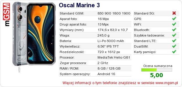 Dane telefonu Oscal Marine 3 Dane telefonu Oscal Marine 3