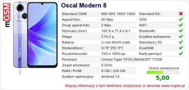 Dane telefonu Oscal Modern 8